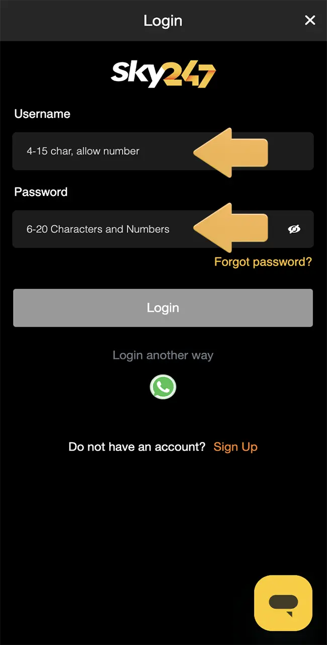 To make your first Sky247 deposit, you need to log in to your account.