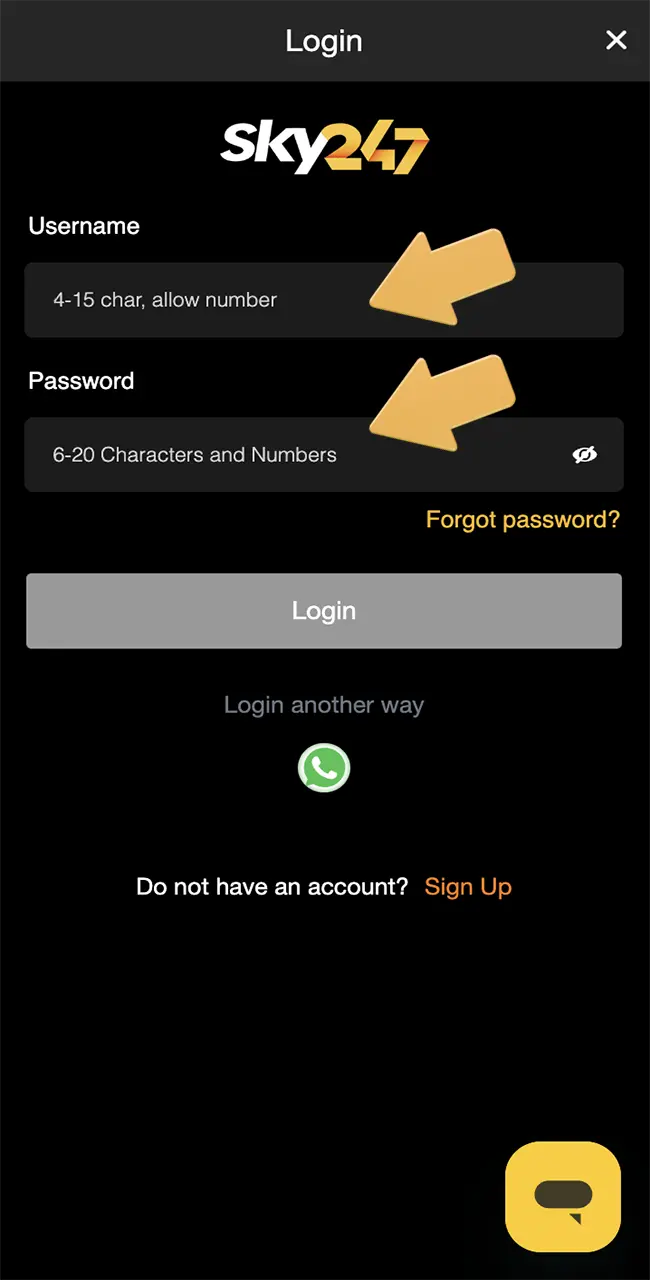 Enter your username and password to access Sky247 withdrawals.