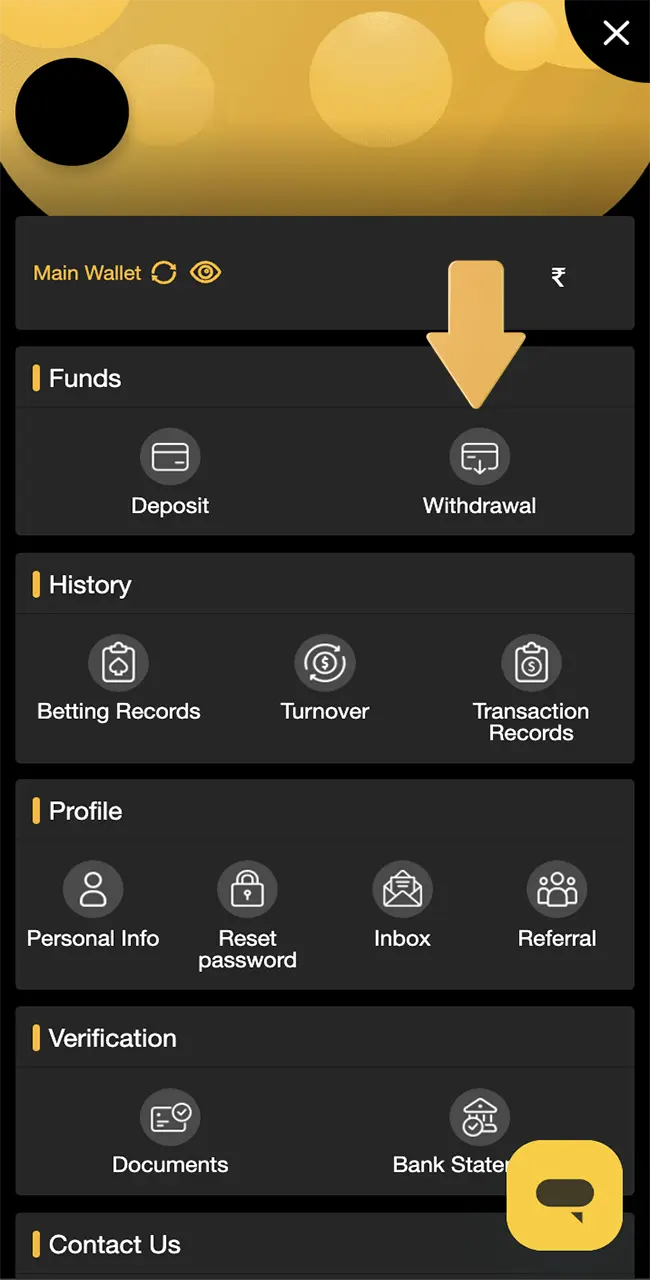 Proceed to withdrawal by clicking on the appropriate section in Sky247.