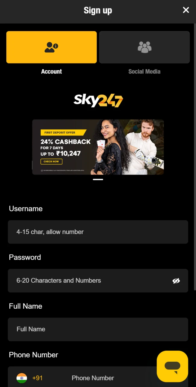 Register with Sky247 using your email or WhatsApp ID.