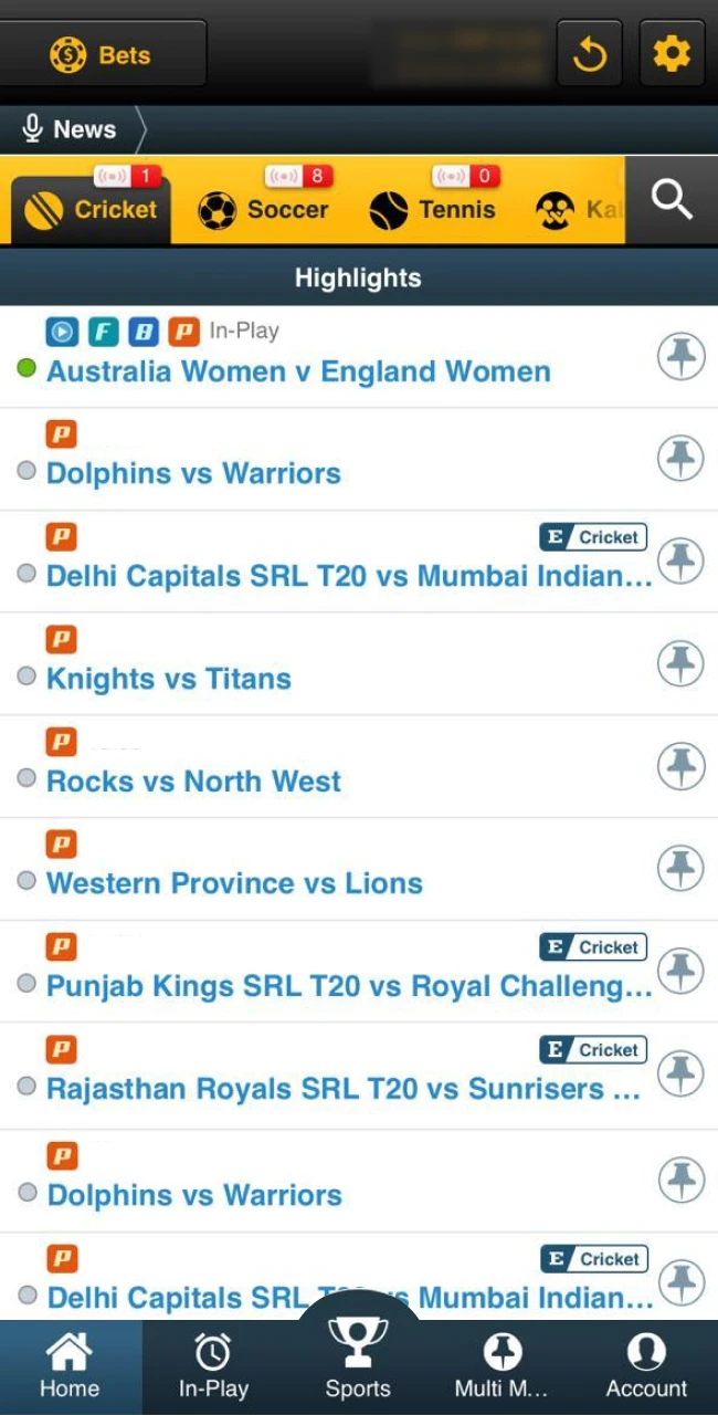 Sky247's sports section offers a wide range of events and markets.
