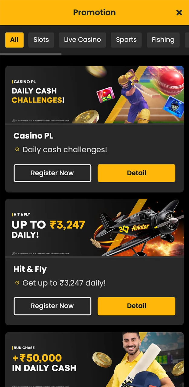 Bonuses and promotions on the Sky247 app.